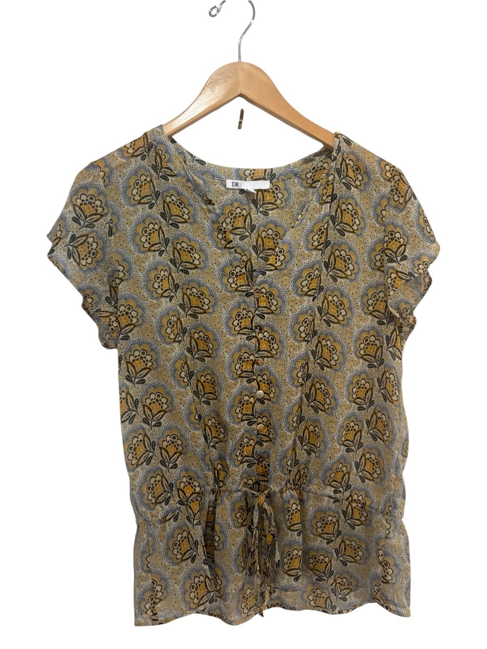 DR2 mustard Yellow Floral Tie-Waist Cap Sleeve Blouse EUC